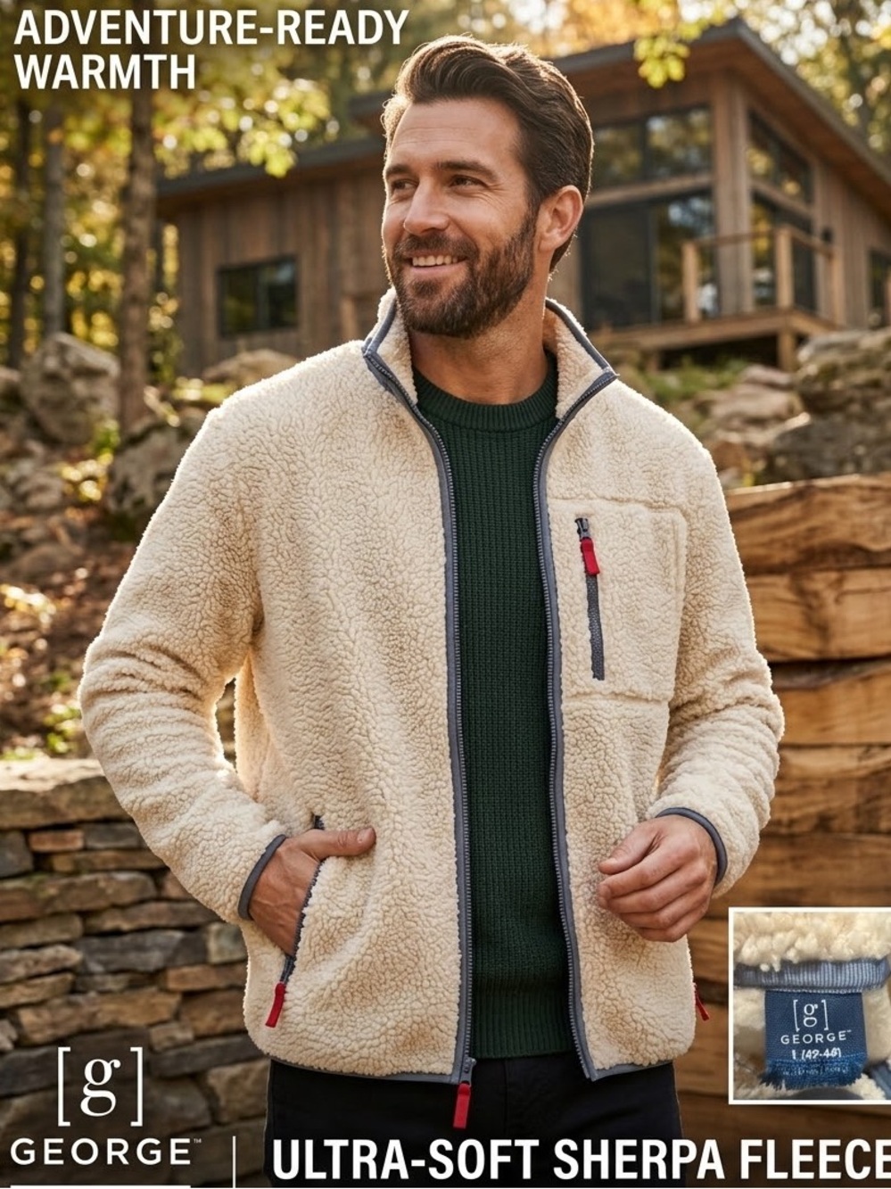 George Men's Sherpa Fleece Jacket in Cream with Gray Trim